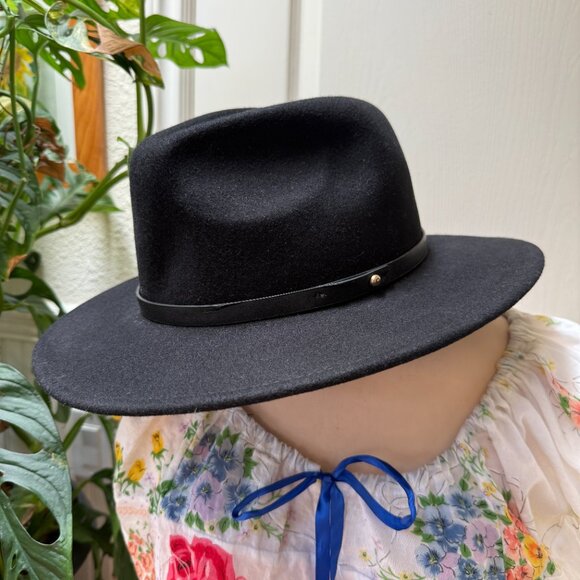 Pre-owned Free People Black 100% Wool Pinch Front Western Hat